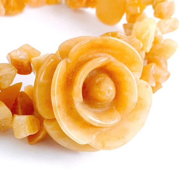 Genuine Honey Jade Gemstone Carved Rose Stretch Bracelet Boho Yellow Floral VTG - Picture 3 of 14